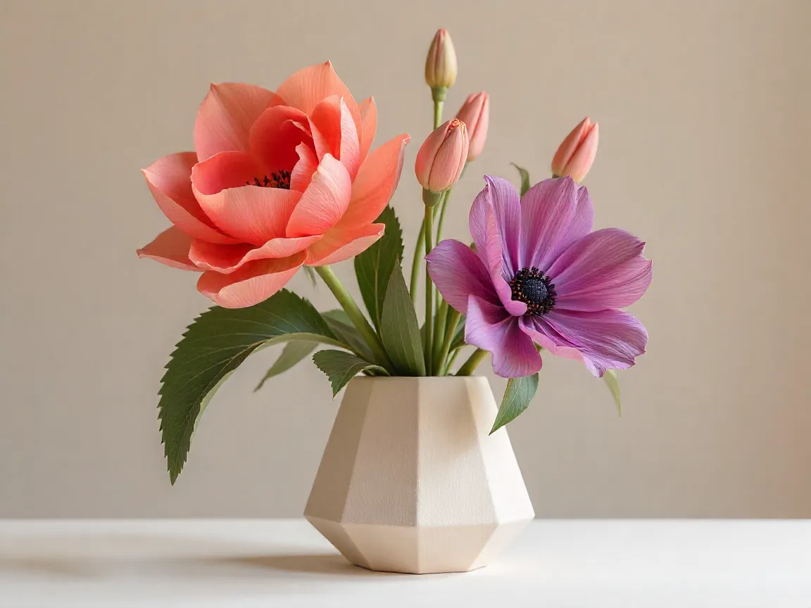Avant-garde geometric flower arrangement with coral and lavender blooms in modern vase