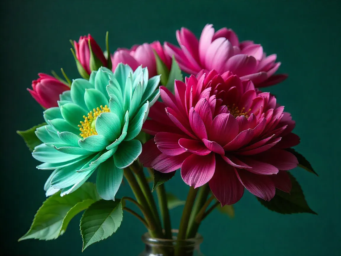 Contemporary bouquet display with abstract floral patterns and vibrant colors